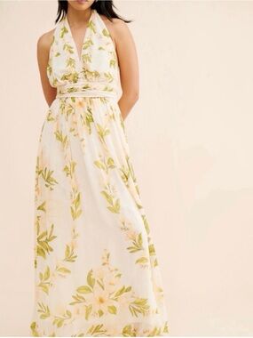 FARM Rio x Anthropologie Botanical Floral Halter Maxi Dress – Ivory. EUC